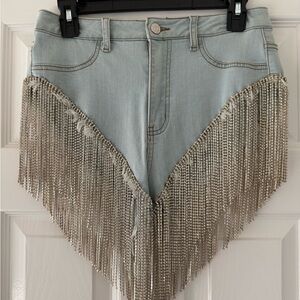 Women's Light Blue Jean Shorts with Fringe (Azalea Wang)